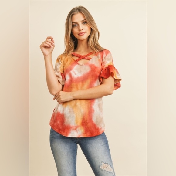 S M XL CRISS CROSS NECK RUFFLE SLEEVE TIE DYE WAFFLE TOP - Picture 4 of 6